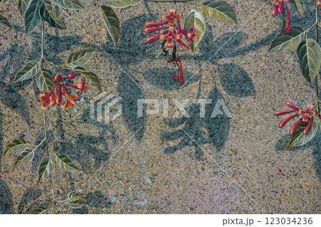 Spring wallpaper, Acrylic color landscape painting on canvas colorful of Trumpet flowers on wall. 123034236