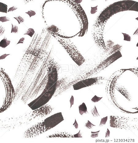 Watercolor seamless pattern with abstract brush strokes in black brown isolated. Hand-drawn artistic texture for fabric, stationery, and branding. Modern repeated background for creative design. 123034278