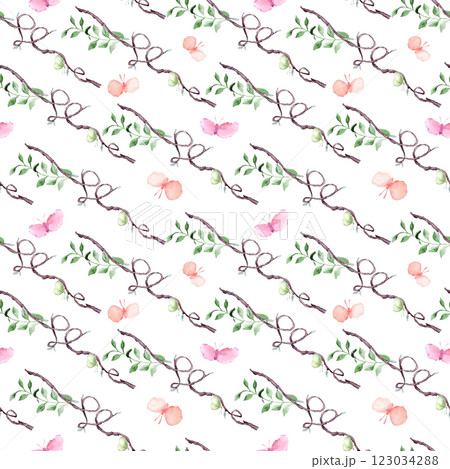 Wavy branches, green leaves, and pastel butterflies hand drawn watercolor seamless pattern isolated. Tree of heart shape repeating nature texture for textile design, wallpapers and spring-themed. Wavy branches, green leaves, and pastel butterflies hand drawn watercolor seamless pattern isolated. Tree of heart shape repeating nature texture for textile design, wallpapers and spring-themed. 123034288
