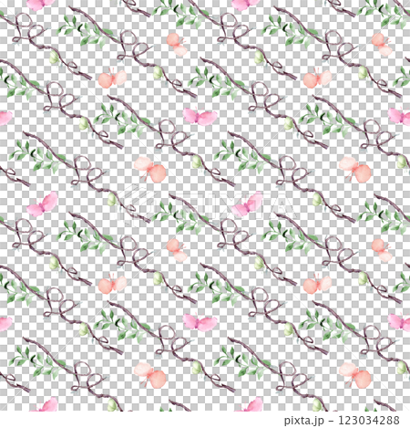 Wavy branches, green leaves, and pastel butterflies hand drawn watercolor seamless pattern isolated. Tree of heart shape repeating nature texture for textile design, wallpapers and spring-themed. 123034288