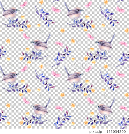 Watercolor seamless pattern with small birds in pastel purples on branch isolated. Foliate pattern with tiny bird butterfly and flower sketch hand drawn. Bird nature art design wallpaper, textile. 123034290