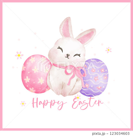 Spring Coquette Happy Easter Bunny Ribbon Bow with Eggs watercolor animal Hand Drawn 123034603
