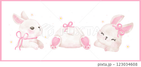 Whimsical Coquette White Bunny with Pink Ribbon Bow watercolor animal Hand Drawn set 123034608