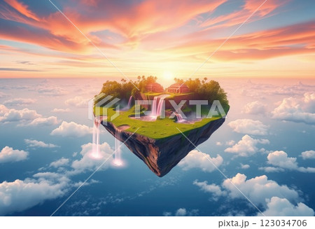 A heart shaped floating island in the sky, with waterfalls of pink and red 123034706