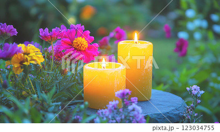 夜の庭に灯るキャンドルと色鮮やかな花 123034755