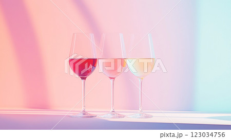 赤・白・ロゼワインが並ぶ洗練されたグラス 123034756