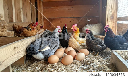木造の鶏舎で産み落とされた卵と鶏たち 123034758
