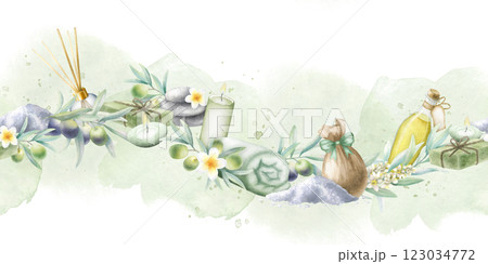 Olive oil, soap aleppo, aroma diffuser, sea salt, rolled up towel, candles, stack pebbles, frangipani flowers and olive branches. Hand drawn watercolor isolated seamless border on green background. 123034772