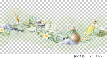 Olive oil, soap aleppo, aroma diffuser, sea salt, rolled up towel, candles, stack pebbles, frangipani flowers and olive branches. Hand drawn watercolor isolated seamless border on green background. 123034772