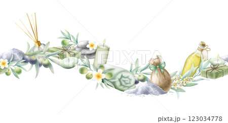 Olive oil, soap aleppo, aroma diffuser, sea salt, rolled up towel, candles, stack pebbles, frangipani flowers and olive branches. Hand drawn watercolor isolated seamless border for spa salon design. 123034778