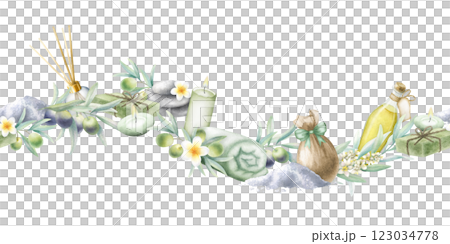 Olive oil, soap aleppo, aroma diffuser, sea salt, rolled up towel, candles, stack pebbles, frangipani flowers and olive branches. Hand drawn watercolor isolated seamless border for spa salon design. 123034778