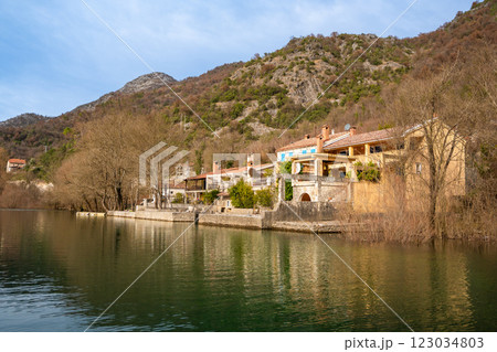 Crnojevic river in small town near Skadar lake in Montenegro in winter time Crnojevic river in small town near Skadar lake in Montenegro in winter time 123034803