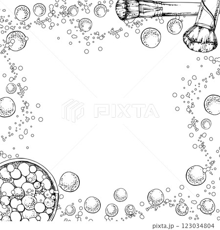 Make-up paint in nude palette powder blush eye shadow balls, thick blending brush. Isolated border square frame, detailed hand drawn line vector ink sketch. Beauty parlor, packaging, cosmetics shop 123034804