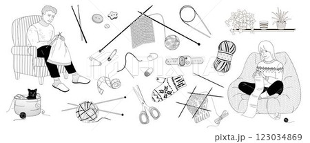 man and woman knitting sitting in a chair and a set of elements about knitting, knitting needles, crochet, balls of wool, pins, scissors, row counter, stitch markers, buttons, knitted mittens 123034869