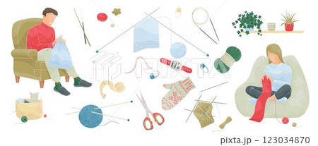 man and woman knitting sitting in a chair and a set of elements about knitting, knitting needles, crochet, balls of wool, pins, scissors, row counter, stitch markers, buttons, knitted mittens 123034870