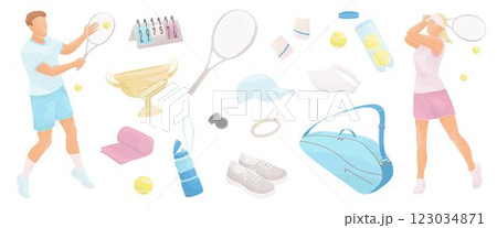 man and women in tennis uniform with tennis racket and tennis equipment set, racket, ball, shoes, bag, tennis strings, vibration dampener, towel, wristbands 123034871