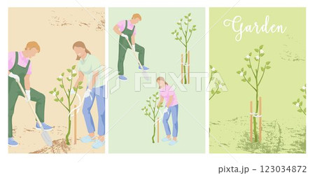 Gardening poster templates.Man and women Gardening. Man with a shovel. Apple tree seedling. Set Elements for background, brochure covers, marketing materials, postcards 123034872