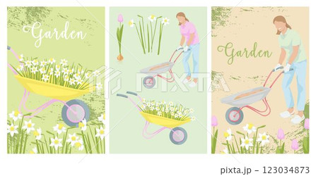 Gardening poster templates.Woman pushing a wheelbarrow. Booming daffodils in a wheelbarrow. Set Elements for background, brochure covers, marketing materials, postcards 123034873