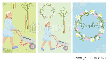 Gardening poster templates.Girl pushing a wheelbarrow. Blooming apple tree.Flower wreath of blossoming  tree branches, daffodils and tulips.Set Elements for background, brochure covers, cards 123034874