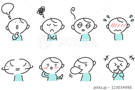 様々な表情の男性のセット 考える・照れる・笑う・恥ずかしい 様々な表情の男性のセット 考える・照れる・笑う・恥ずかしい 123034998