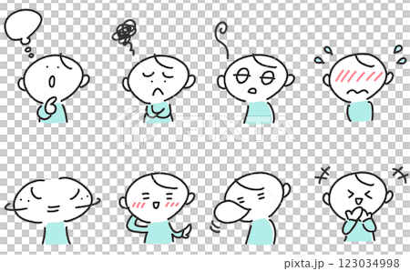 様々な表情の男性のセット 考える・照れる・笑う・恥ずかしい 様々な表情の男性のセット 考える・照れる・笑う・恥ずかしい 123034998