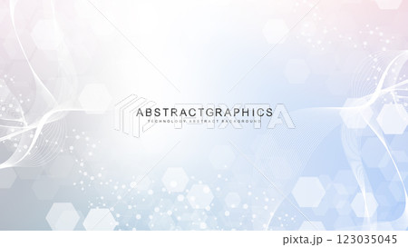 Modern scientific background with hexagons, lines and dots. Wave flow abstract background. Molecular structure for medical, technology, chemistry, science. Vector illustration Modern scientific background with hexagons, lines and dots. Wave flow abstract background. Molecular structure for medical, technology, chemistry, science. Vector illustration 123035045