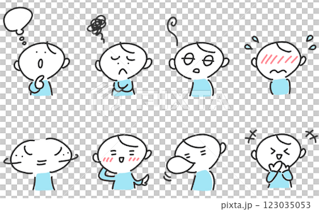 A set of men with various expressions: thinking, embarrassed, laughing, ashamed 123035053