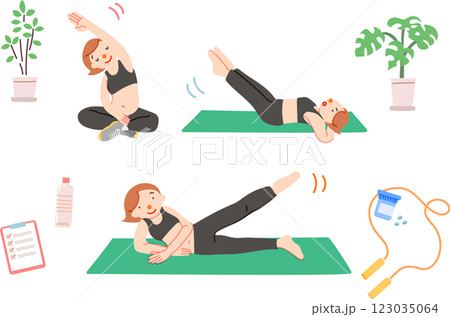 ストレッチをする女性イラストセット 123035064
