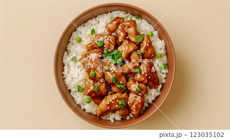 Rice bowl with chicken teriyaki with sesame and leek slice isolated white background 123035102