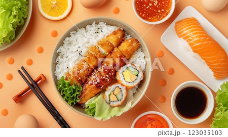 White rice with chicken katsu eggroll on white bowl Korean food style 123035103