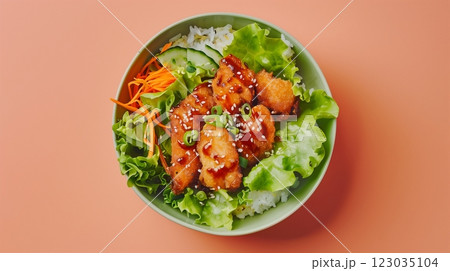 White rice with chicken katsu eggroll on white bowl Korean food style 123035104