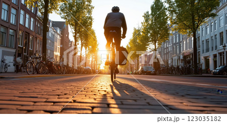 cyclist commuting through tree lined street at sunset, creating serene atmosphere cyclist commuting through tree lined street at sunset, creating serene atmosphere 123035182