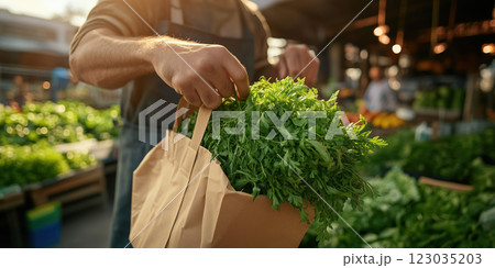 Fresh herbs in paper bag at vibrant market, showcasing local produce 123035203