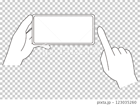 Illustration of a hand holding a landscape smartphone in one hand and fingers operating it_with main lines_monochrome 123035260