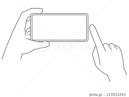 片手で横向きのスマートフォンを持つ手と操作する指のイラスト_2_主線あり_モノクロ 123035263