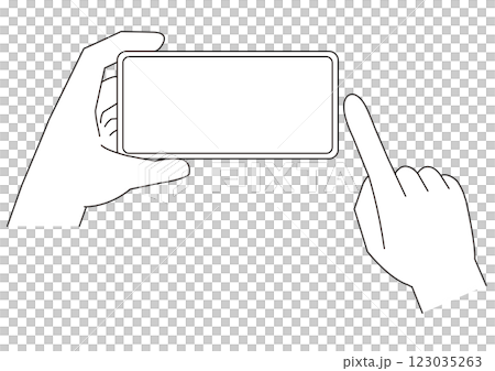 片手で横向きのスマートフォンを持つ手と操作する指のイラスト_2_主線あり_モノクロ 123035263