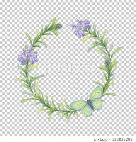 Watercolor wreath of blooming rosemary branches with a butterfly. Composition perfect for cosmetic packaging, soaps, creams, candles, greeting cards and natural product branding Watercolor wreath of blooming rosemary branches with a butterfly. Composition perfect for cosmetic packaging, soaps, creams, candles, greeting cards and natural product branding 123035298