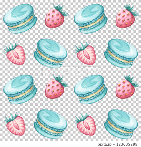 Seamless watercolor pattern with turquoise macarons and strawberries on a white background 123035299