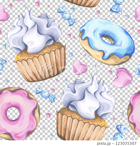 Seamless watercolor pattern with cupcakes, donuts, and candies on a white background 123035307
