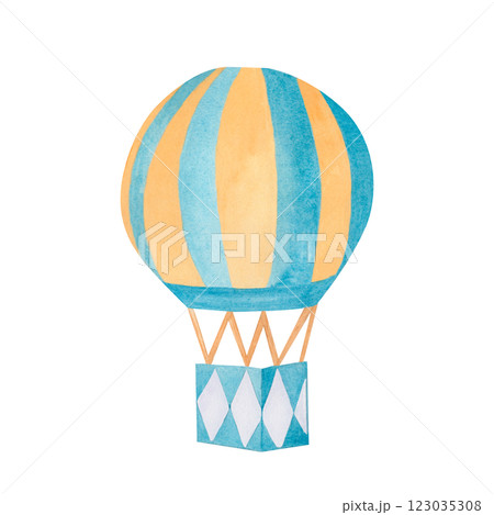 A balloon with a basket in blue and yellow stripes. A hand-drawn watercolor illustration. Design for baby products, clothes, postcards, baby shower and baby room decoration, home decor, invitations. 123035308