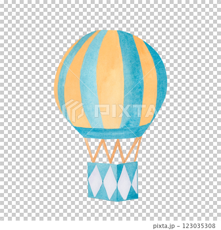 A balloon with a basket in blue and yellow stripes. A hand-drawn watercolor illustration. Design for baby products, clothes, postcards, baby shower and baby room decoration, home decor, invitations. 123035308