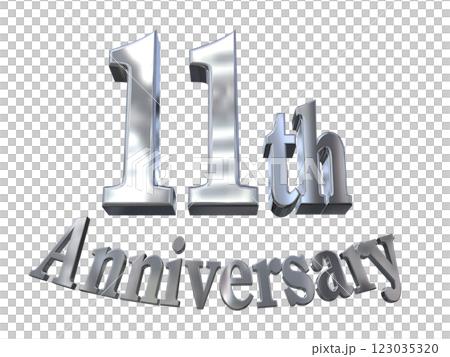 3DCG 字母“11 週年/11 週年紀念標誌閃亮”銀色,銀色 3DCG 字母“11 週年/11 週年紀念標誌閃亮”銀色,銀色 123035320