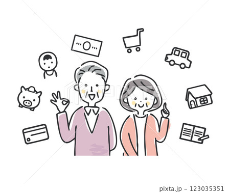 支出とシニア夫婦　笑顔 123035351