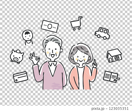 支出とシニア夫婦　笑顔 123035351