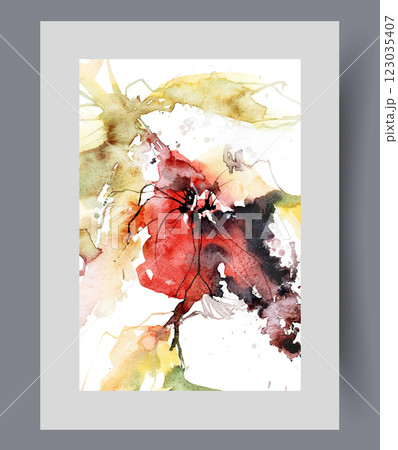 Flower on artwork is in surrealistic style, with branch of flowering plant and bud flying to sides 123035407