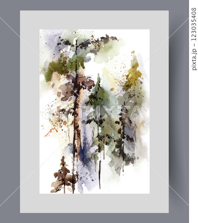 Landscape with rainforest with tall coniferous trees and gloomy splashes for interior design 123035408