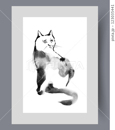 Fluffy black cat with sad eyes sits and looks to side on wall art. Watercolor artwork Fluffy black cat with sad eyes sits and looks to side on wall art. Watercolor artwork 123035441