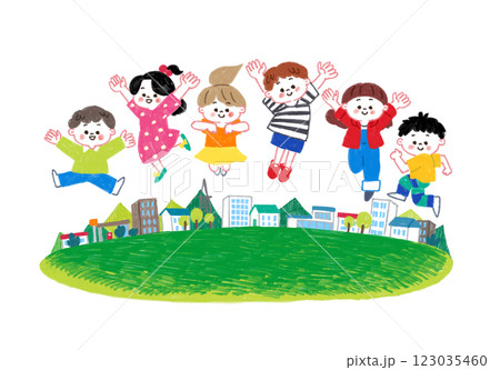 色鉛筆で描いた街の広場でジャンプする子供 色鉛筆で描いた街の広場でジャンプする子供 123035460