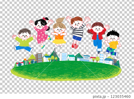 孩子們在城鎮廣場上跳躍，用色鉛筆畫 123035460