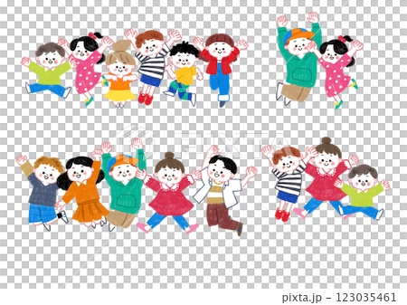 一組用色鉛筆畫的跳躍的孩子 一組用色鉛筆畫的跳躍的孩子 123035461